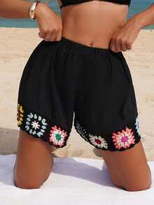 Swim Vcay Women's Crochet Loose Fit Coverup Shorts, Vacation Style - Black - View 4