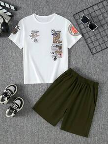SHEIN Set 2pcs/Setelan untuk Anak Laki-laki Remaja: Kaos Lengan Pendek Leher Bulat dan Celana Pendek dengan Saku - MultiWarna - View 6
