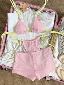 Bonvoyette Bộ đồ bơi nữ 3 món màu vàng, vải, màu xanh dương, kiểu buộc dây bên hông, cổ yếm. - Hồng - Xem 6