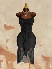 Sunspun Vestido justo sem mangas com detalhes franzidos, tamanho grande - Preto - Ver 3