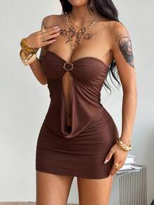 Coolane 女士春夏演唱会穿搭 Y2K 街头风休闲优雅约会之夜性感弹力抹胸无袖迷你连衣裙 - 棕色 - 查看 4