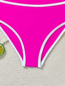 SHEIN Tween Girl Contrast Trim Tankini Top And Triangle Bottoms Swimsuit Set, Suitable For Summer Vacation And Beach - Hot Pink - View 5