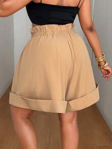 Maweii Plus Size Casual Loose A-Line Cuffed Hem Shorts - Khaki - View 5