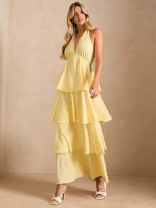 Enchnt Vestido de mujer con cuello en V, estilo halter, lazo y dobladillo con volantes, para vacaciones - Amarillo - Ver 4