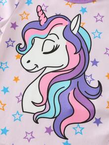 Cozy Pixies 女婴贴身睡衣套装，紫色卡通独角兽夜光可爱图案针织柔软圆领短袖上衣和松紧腰打底裤，两件套。本产品需紫外线照射才能发光。 - 紫色 - 查看 3