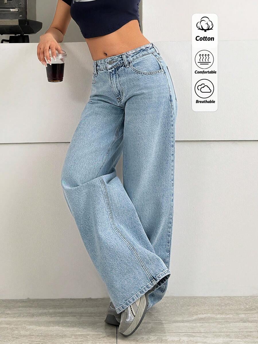 SHEIN 低腰阔腿浅蓝色水洗街头休闲牛仔裤 - 淺色水洗藍 - 查看 1