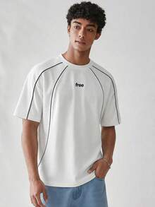 Manfinity Unisex 男士休闲撞色滚边字母印花短袖T恤，夏季 - 白色 - 查看 4