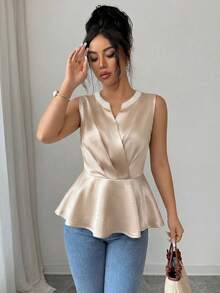 Lyxana Women's Elegant Summer Sleeveless Champagne Blouse,V-Neck Criss-Cross Design Pearl Decor,Waist Cinching White Party Blouse For Dates & Afternoon Tea - Champagne - View 4