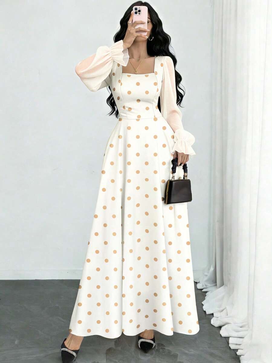 Modelyn 黑色波点图案白色底印花时尚方领灯笼袖设计女士简约长连衣裙，夏季收腰优雅长裙，适合夏季度假和日常穿着 - 彩色 - 查看 1