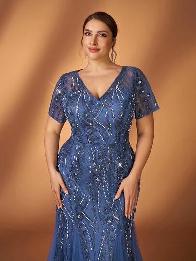 Serin Vestido corto de manga corta con cuello en V, ajustado y con dobladillo de cola de pez, confeccionado en malla bordada con lentejuelas azules elegantes y lujosas, adecuado para todas las ocasiones formales, vestido de madre de la novia