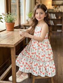 Vintaside Kids Vestido Floral Miúdo para Meninas, Estilo Campestre, Elegante, Fofo, Adequado para Primavera/Verão - Vermelho - Visão 4