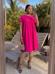 SHEIN Lady CURVE 大码纯色圆领短袖休闲连衣裙，夏季 - 玫紅色 - 查看 4