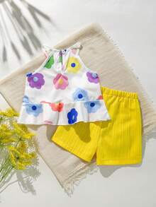 SHEIN Playful Pals 2件套女婴/新生儿0-3岁春夏多巴胺活力色彩度假无袖上衣+短裤套装，女婴春夏服装 - 彩色 - 查看 2