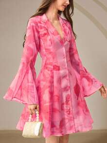 Aveloria Rosie 玫瑰黄印花雪纺领拼接A字短裙 - 玫紅色 - 查看 8