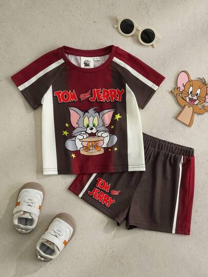 TOM & JERRY X SHEIN Bộ áo ngắn tay và quần short in hình hoạt hình cho bé gái