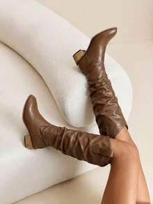 Daringsoles Botas de media pantorrilla de cuero de PU versátiles y de moda para uso diario de mujer - Marrón - Ver 3