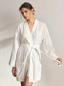 Ocili Women's Solid Color Robe With Belt, Sleepwear - White - View 5