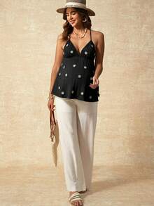 Boho Mama Áo hai dây bầu thêu hoa cúc - màu đen - Xem 5