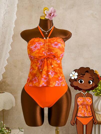 Slaydiva 2026 Spring/Summer Plus Size Lace Trim Random Print Bikini 2-Piece Swimsuit For Women