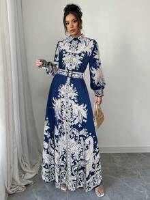 Elenzga Đầm suông dài tay in họa tiết cổ điển thời trang cỡ lớn cho nữ, phong cách cung điện - Màu xanh lam - Xem 5