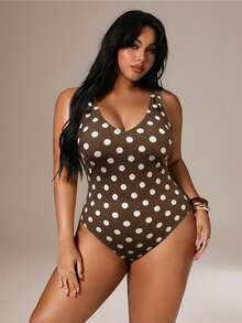 Auralis 大码女士波点连体泳衣，适合海滩度假、泳池派对、沙滩派对 - 棕色 - 查看 7