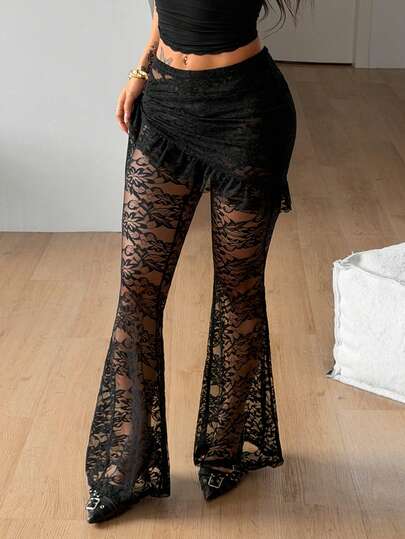 Coolane Women's Spring/Summer Concert Outfit Streetwear Y2K Casual Party Vacation Outfits Sexy Stretchy Lace Straps Bustier Low Rise Bell Bottoms