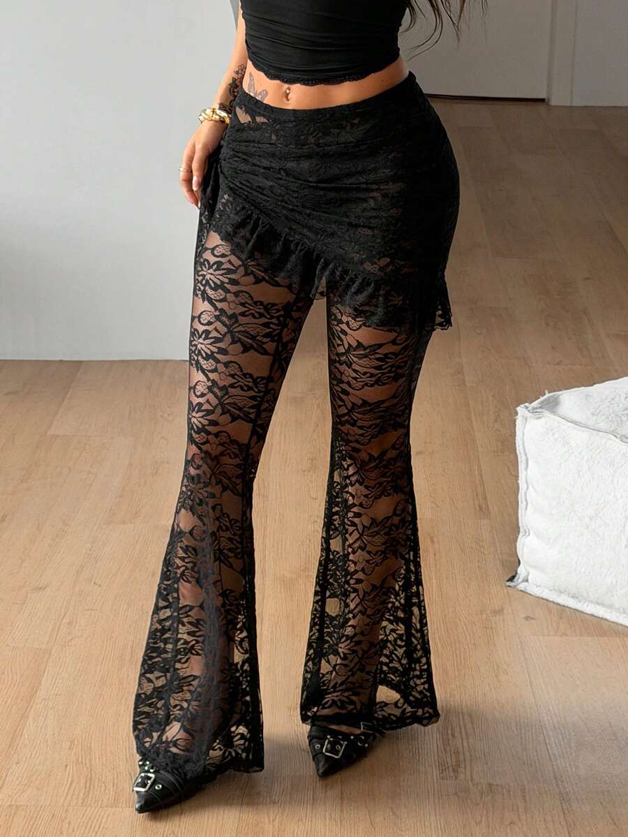 Coolane Women's Spring/Summer Concert Outfit Streetwear Y2K Casual Party Vacation Outfits Sexy Stretchy Lace Straps Bustier Low Rise Bell Bottoms - Black - View 1