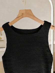 Franclia 女士休闲无袖圆领针织迷你连衣裙，荷叶边下摆，米色，适合春夏穿着 - 黑色 - 查看 3