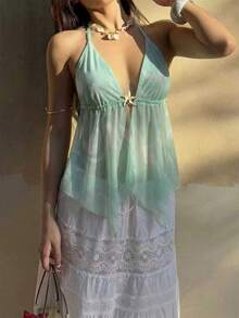 Sunnyshic Vacation Beach Tie-Dye Backless Halter Top - Mint Green - View 8