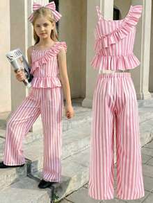 SHEIN Tween Girls Striped Cap Sleeve Casual Tank Top Set, Summer - Pink - View 3