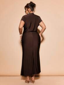 Cravure Plus Size Women Solid Color Stand Collar Elegant Waist Cinched Party Dress - Brown - View 2