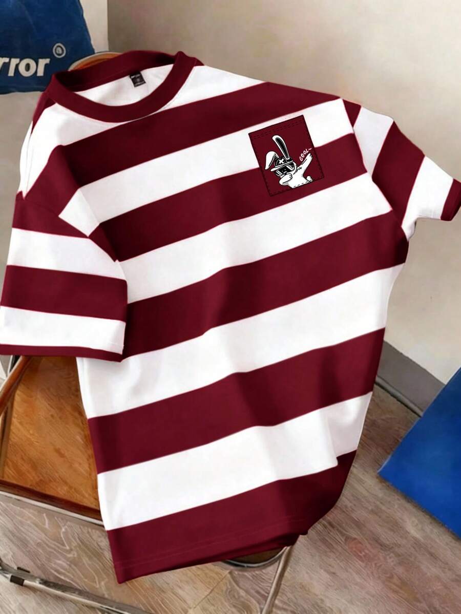 Manfinity Joysei Men's Striped & Cartoon Print Round Neck Short Sleeve T-Shirt - Burgundy - View 1