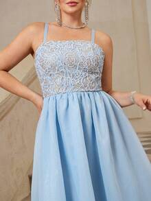 VOLUPTÉ CURVE Plus Size Summer Sky Blue Lace Cinched Waist Patchwork Spaghetti Strap Top Fairy Elegant Long Dress For Engagement Partys, Parties, Prom, Graduation - Blue - View 5