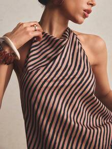 Poéselle Bộ đồ 2 món dành cho nữ: Áo hai dây vạt lệch và quần, kẻ sọc. - Cà phê nâu - Xem 4