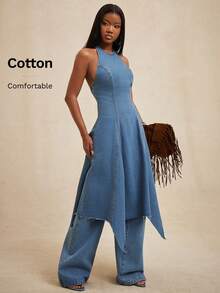NYA SZN Vestido de mezclilla con cintura ceñida y cuello halter, elegante para citas y salidas - Azul lavado medio - Ver 1
