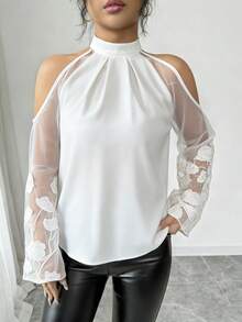 SHEIN Áo kiểu nữ dáng suông, cổ yếm, hở vai, chất liệu lưới thêu họa tiết, tay dài, ôm dáng, màu đen trơn, thích hợp mặc hàng ngày, mùa xuân/hè, phong cách thanh lịch Pháp. - trắng - Xem 3