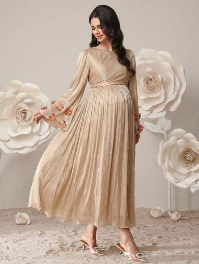 SHEIN Maternity Solid Color Round Neck Ruched Elegant Long Sleeve Dress