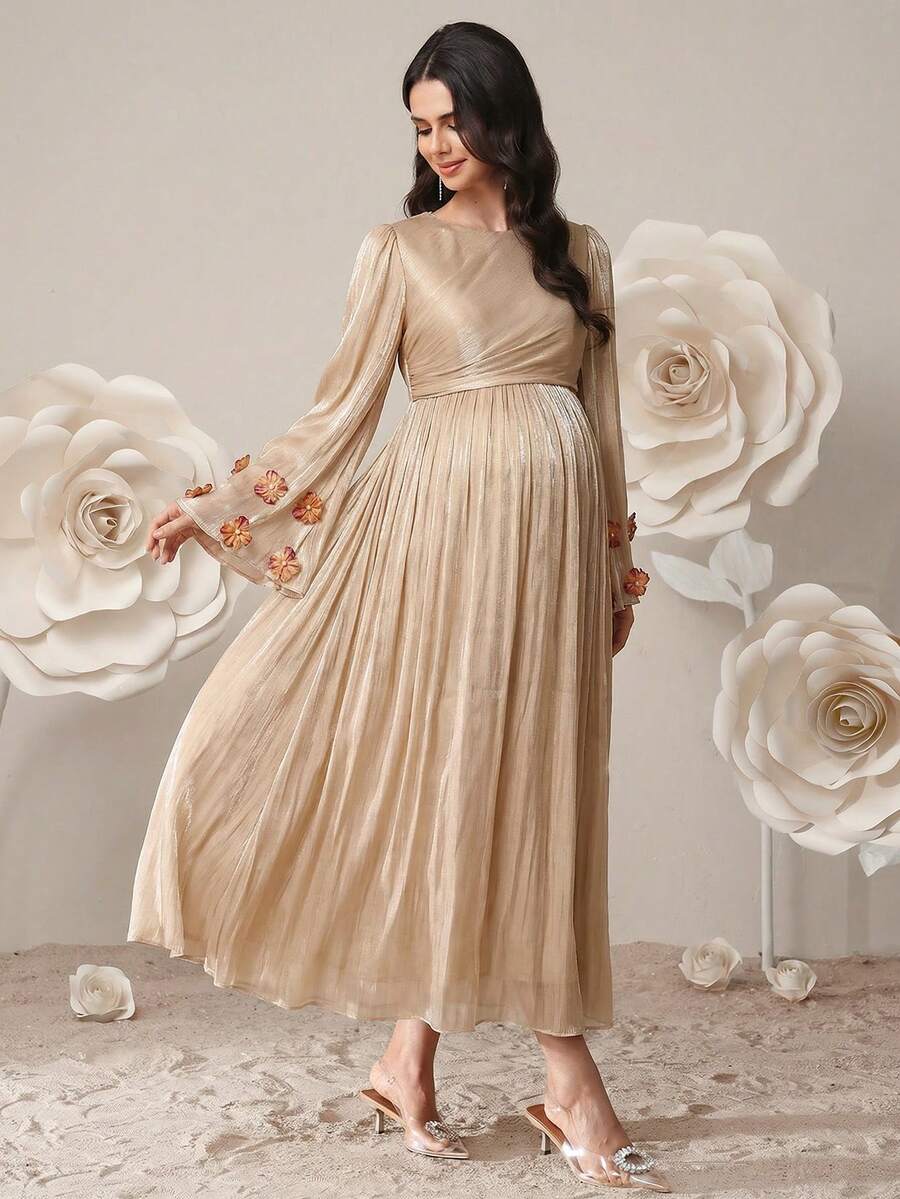 SHEIN Đầm bầu tay dài cổ tròn xếp ly màu trơn thanh lịch - Màu Khaki - Xem 1