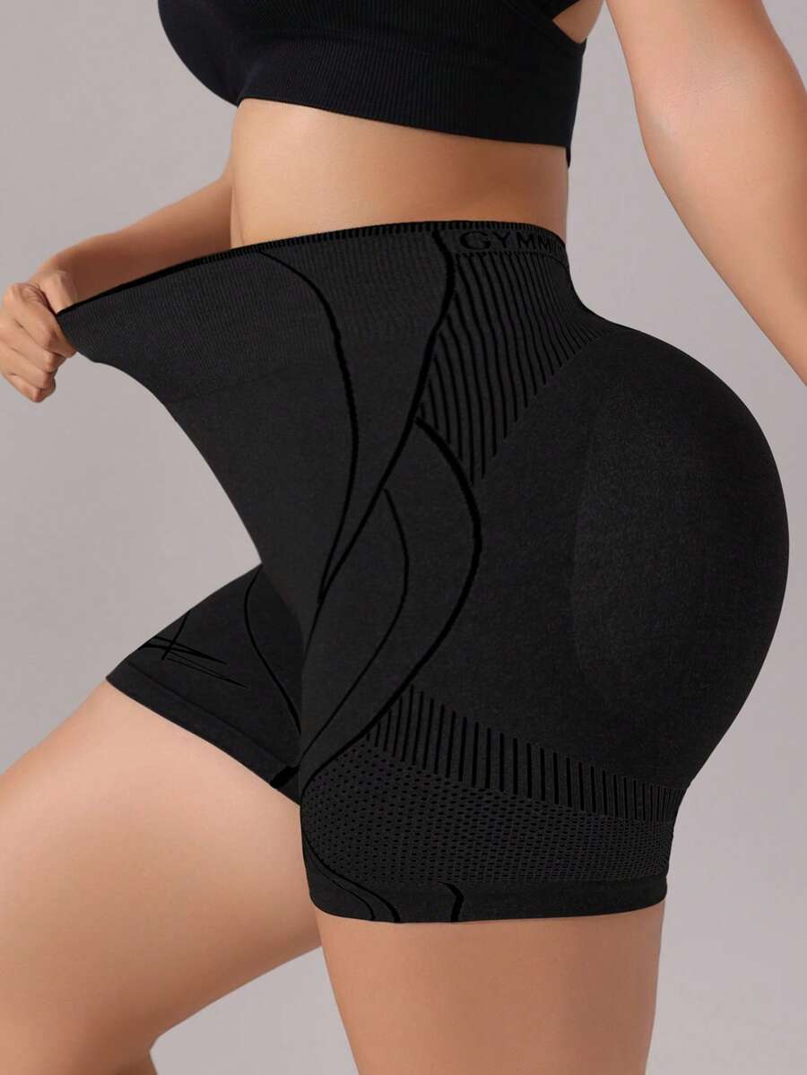 Rhythm Era Plus Size Seamless Black Line Pattern Sports Shorts Shapewear Shorts Tummy Control Workout Shorts Booty Lifting Shapewear - Black - View 1