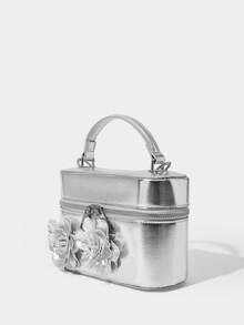 SHECARRY 女士时尚优雅手提包，立体花朵装饰，情人节、新年礼物 - 銀色 - 查看 2