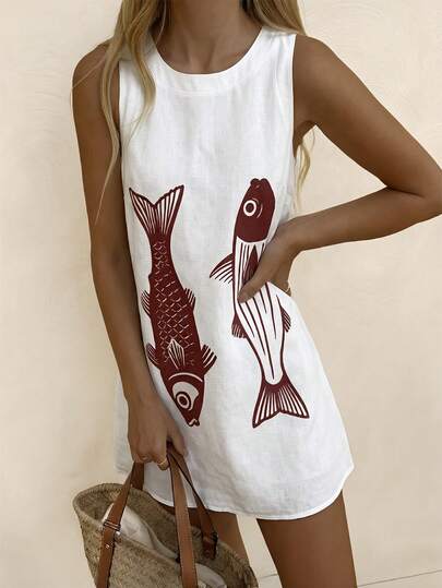 Vaclyn Women's Casual Vacation Fish Print Sleeveless Dress