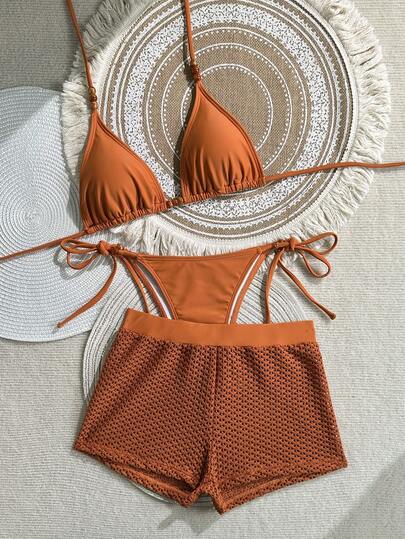 Swim Vcay 女士橙色吊带抽绳性感沙滩度假泳装套装，夏季