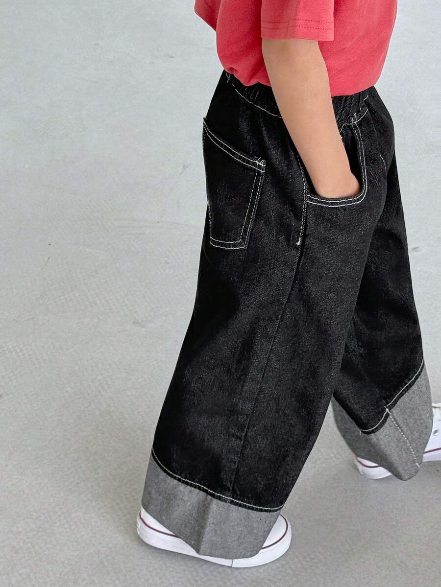 DAZY Young Boy Casual Everyday Commute Minimalist Elastic Waist Cuffed Hem Loose Wide Leg Jeans - Black - View 1
