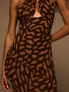 MUSERA 印花雪纺露背镂空不对称垂褶中长连衣裙，春夏优雅度假伊比沙岛俱乐部场合性感晚宴婚礼宾客日落之吻 - 彩色 - 查看 6