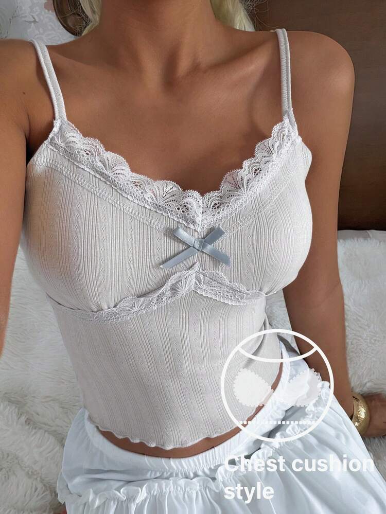 Sweet Lace Patchwork Built-In Padded Camisole Top For Women