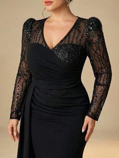 Serin Plus Size Elegant Luxurious Black Fringe Beaded Sequin Patchwork Elastic Knit Ruched Sheer Long Sleeve Mermaid Maxi Dress With Side Slit, Suitable For Wedding, Party, Vacation, Prom, Mother Of The Bride Dress Black Wedding Guest Dress