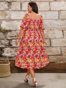 Breezaya Orange Bohemian Floral Deep V Puff Sleeve Split Dress - Orange - View 6