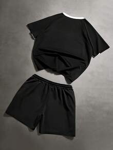 PAVTROS 男士街头风T恤短裤套装，撞色学院风，机车风，黑白拼接，适合户外音乐节、日常穿着、朋友聚会、送给男友/老公的礼物、周年纪念礼物。男士两件套健身服，男士运动套装，男士慢跑套装，男士街头服饰套装，男士黑白套装 - 彩色 - 查看 2