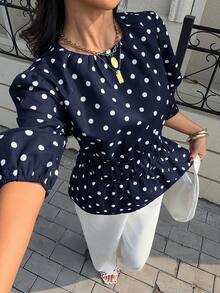 Siren Gaze Women's New Polka Dot Petal Sleeve Blouse - Navy Blue - View 6