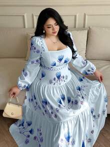 Vibekara 优雅法式方领印花长连衣裙，休闲百搭，适合约会和聚会，粉色，大码 - 藍色 - 查看 4